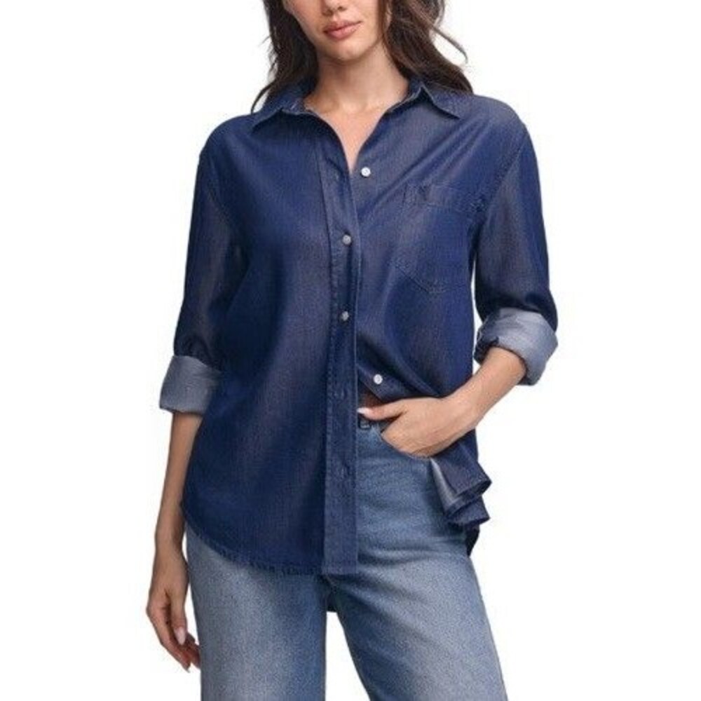 Frye Womens Denim Blue Long Sleeve Button Front Shirt Size L NWT Boyfriend